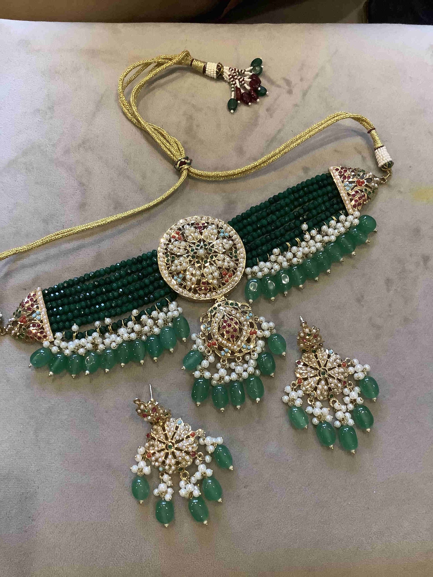 Emerald Nazrana Set with Floral Earrings