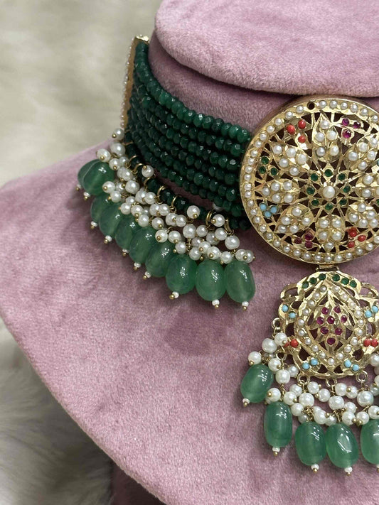 Emerald Nazrana Set with Floral Earrings